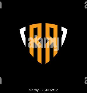 RR-Logo mit Schild weiß orange Form Designvorlage isoliert auf schwarzem Hintergrund Stock Vektor