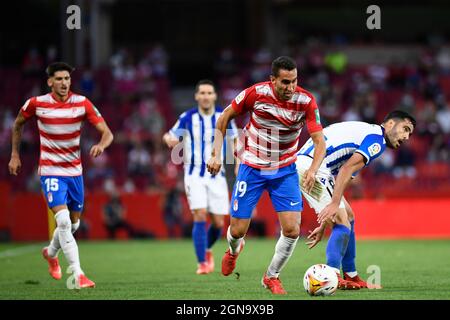 Granada, Spanien. September 2021. Der CF-Spieler Angel Montoro aus Granada in Aktion während des La Liga Santander-Spiels zwischen Granada CF und Real Sociedad im Estadio Nuevo Los Carmenes in Granada.(Endstand: Granada CF 2:3 Real Sociedad) (Foto: Carlos Gil/SOPA Images/Sipa USA) Credit: SIPA USA/Alamy Live News Stockfoto