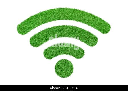 Wi-Fi-Symbol bedeckt von grünem Gras isoliert auf weißem Hintergrund. Stockfoto