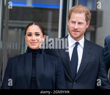 New York, NY - 23. September 2021: Der Herzog und die Herzogin von Sussex, Prinz Harry und Meghan besuchen das One World Observatory im 102. Stock des Freedom Tower des World Trade Center Stockfoto