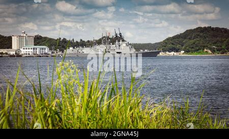 Schiffe der japanischen Maritime Self-Defense Force (JMSDF), die durch Gras gesehen werden und im Hafen von Yokosuka, Japan, sitzen. Stockfoto