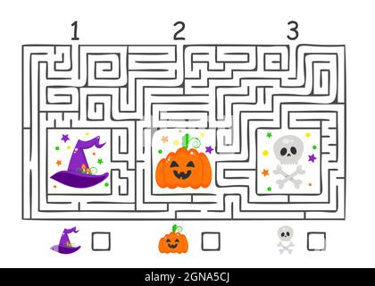 Rechteckige halloween Labyrinth Labyrinth-Spiel für Kinder. Rätsel der Labyrinthlogik. Drei Eingänge. Vektorgrafik flach Stock Vektor