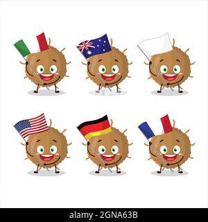 Beta Coronavirus Cartoon-Figur bringen die Flaggen verschiedener Länder. Vektorgrafik Stock Vektor