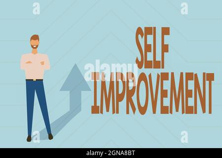 Schild mit der Anzeige „Selbstverbesserung“. Business Overview Prozess, um sich selbst zu einem besseren oder kenntnisfähigeren Sammeln von Online-Dokumenten und Stockfoto