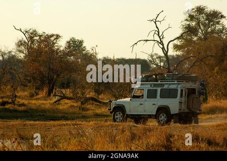 Land Rover Defender 110 Safari-Auto durch den afrikanischen Busch im Chobe National Park, Botswana Stockfoto