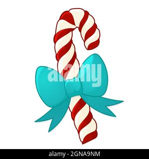 Weihnachts-Zuckerrohr mit blauer Schleife im Cartoon-Stil. Vektorgrafik auf weißem Hintergrund. Stock Vektor