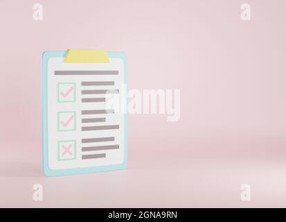 Zwischenablage Checkliste, Umfrage Papierliste Prüfzeichen Bericht Dokument auf rosa Hintergrund, Zeichen Symbol Website Design-Symbol, 3D-Rendering Illustration Stockfoto