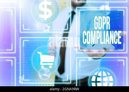 Handschriftenzeichen DSGVO-Compliance. Schutz von Geschäftsidee und Privatsphäre der Europäischen Union mit Gentelman Uniform Standing Holding New Stockfoto
