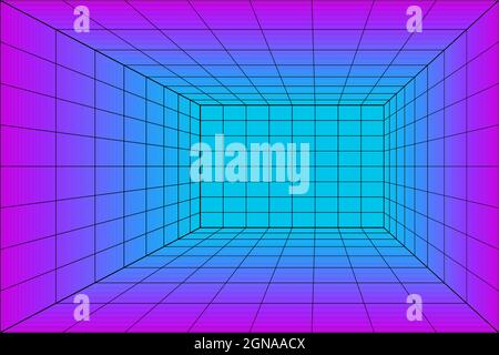 3d Grid Perspective Laser Room im Technologiestil. Virtual-Reality-Tunnel oder Wurmloch. Abstrakter Vaporwave-Hintergrund Stock Vektor