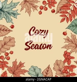 Farbenfrohes Herbstdesign mit Blättern und Beeren. Handgezeichnete Vektorgrafik. Gemütliche Jahreszeit Stock Vektor