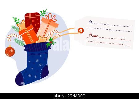 Weihnachtskarte. Weihnachtssocke mit Geschenken, Lebkuchen, gestreiftem Karamell, Weihnachtskugeln und Grußkarte. Vektorgrafik. Für Neujahr Stock Vektor