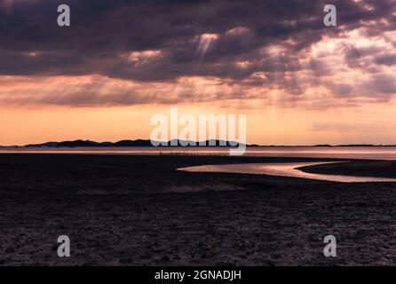 Wunderschöne Sonnenuntergangslandschaft, Licht fällt durch die Wolken über den Wattflächen. Ganghwa-gun, Incheon, Südkorea Stockfoto