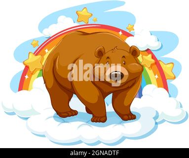 Grizzly Bär auf der Wolke mit Regenbogenabbildung Stock Vektor