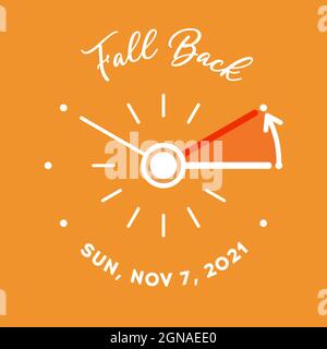Sommerzeit endet USA und Kanada Banner. Grafische minimalistische Uhr mit drehenden Zeigern für die Winterzeit am sonntag, 7. november 2021 fallen zurück Stock Vektor