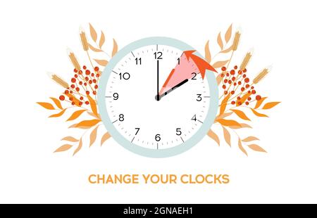 Die Sommerzeit endet. Wechseln Sie die Uhren zurück. Vektordarstellung mit einer Uhr, die sich eine Stunde zurückdreht. Uhren in einem floralen Rahmen aus Herbstorange f Stock Vektor