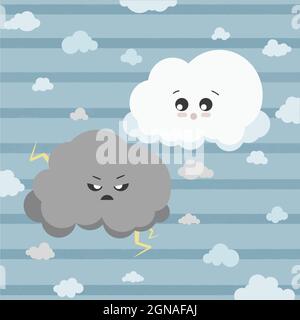 Süße Gewitterwolke und flauschige Wolke zusammen mit kleinen verspielten Wolken um. Wolken im Kawaii-Stil am Himmel. Vektordarstellung isoliert auf himmelblauem Hintergrund Stock Vektor