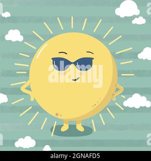 Süße Sonne trägt Sonnenbrillen am Sommertag. Stylische Sommersonne. Vektordarstellung auf blauem Hintergrund isoliert. Stock Vektor