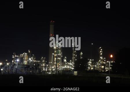 Raffinerie von BP rotterdam in der Nacht im Hafen von Europoort in den Niederlanden Stockfoto