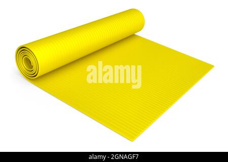 Gelbe Yogamatte oder leichte Schaumstoff-Campingbett-Rollauflage isoliert auf weißem Hintergrund. 3d-Rendering von Sportgeräten für Fitness, Yoga und Active wo Stockfoto
