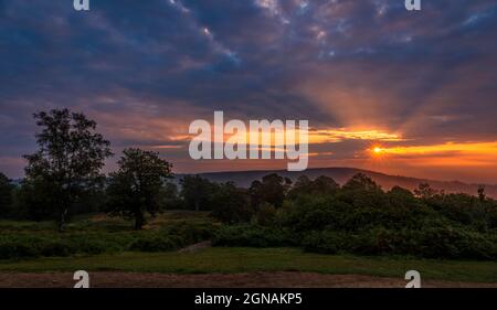 Dramatischer Sonnenaufgang im September hinter dem Leith Hill von Holmbury Hill auf den Surrey Hills, Südostengland Stockfoto