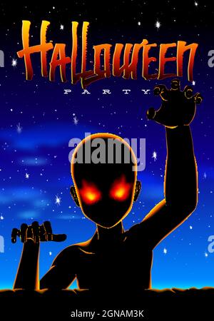 Halloween Party Poster im 80er Jahre Horrorfilm Stil mit krabbelnden Zombie oder Alien Kreatur und Neon Sonnenuntergang. Stock Vektor