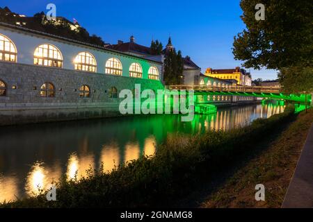Metzgerbrücke und das zentrale Marktgebäude Osrednja ljubljanska trznica in Ljubljana am Abend Stockfoto