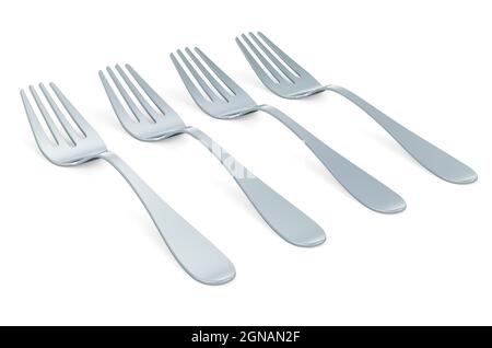 Gabeln in einer Reihe, 3D-Rendering isoliert auf weißem Hintergrund Stockfoto