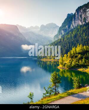 Nebliger Sommermorgen am Vorderer Gosausee mit Blick auf den Dachsteingletscher. Farbenfroher Sonnenaufgang Österreichische Alpen, Salzkammergut-Erholungsgebiet im Go Stockfoto