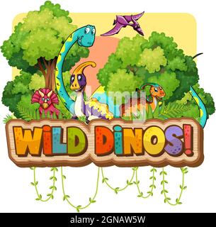 Wild Dinos Wort Typografie mit Dinosaurier Gruppe Cartoon Figur Illustration Stock Vektor