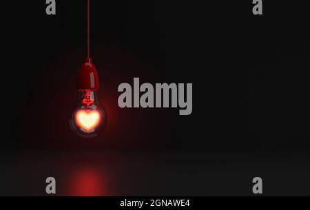 Glühbirne mit Herz auf schwarzem Hintergrund, Konzept von Liebe und Gehirn, 3D-Rendering Stockfoto