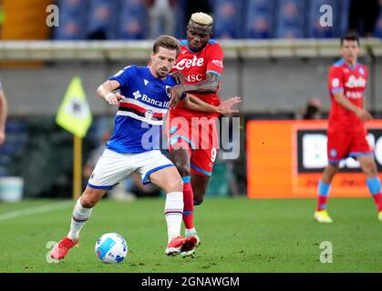 GENUA, ITALIEN - 23. SEPTEMBER: Adrien Silva von UC Sampdoria konkurriert um den Ball mit Victor Osimhen von SSC Napoli, während der Serie A Spiel zwischen UC Sampdoria gegen SSC Napoli im Stadio Luigi Ferraris am 23. September 2021 in Genua, Italien. (Foto nach MB-Medien) Stockfoto