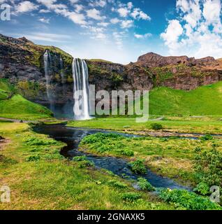 Malerischer Blick auf den Seljalandfoss Wasserfall am Morgen auf dem Seljalandsa Fluss. Bunte Sommerszene in Island, Europa. Künstlerischer Stil nachbearbeitet phot Stockfoto