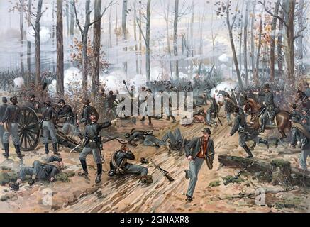 Die Schlacht von Shiloh von Thure de Thulstrup (auch bekannt als die Schlacht von Pittsburg Landing) war eine frühe Schlacht im Western Theatre of the American Civil war, die vom 6. Bis 7. April 1862 im Südwesten von Tennessee ausgetragen wurde. Die Union Army of the Tennessee (Major General Ulysses S. Grant) hatte sich über den Tennessee River tief in Tennessee bewegt und wurde hauptsächlich an der Pittsburg Landing am Westufer des Tennessee River, wo die Konföderierte Armee von Mississippi (General Albert Sidney Johnston, P. G. T. Beauregard zweitkommandierter) Startete einen Überraschungsangriff auf Grants Armee von seinem Stützpunkt in Cori aus Stockfoto