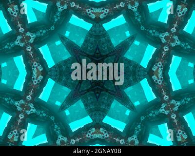 Illustration abstrakte kaleidoskopische Muster in Jadefarbe entstanden aus Foto von grünen Bambusblättern für Fliesen, Tapeten, Textilien oder Stockfoto