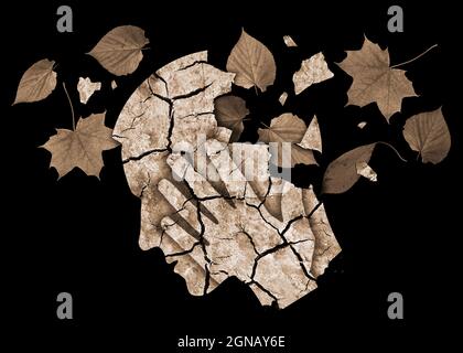 Alzheimer-Krankheit, Herbstdepression, Demenz. Stilisierte männliche Kopfsilhouette mit trockener, rissiger Erde und herbstlichen Blättern, die psychiatrische Probe symbolisieren Stockfoto