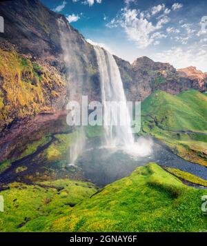 Fantastischer Blick auf den Seljalandfoss Wasserfall am Morgen auf dem Seljalandsa Fluss im Sommer. Bunte Outdoor-Szene in Island, Europa. Künstlerische Stil nach der Arbeit Stockfoto