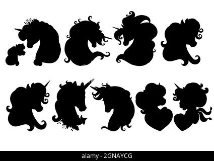 Set von niedlichen Cartoon Einhörner Köpfe. Vorlage für die Darstellung von schwarzen Silhouetten auf weißem Hintergrund isoliert. Für Druck, Aufkleber, Design, Geschirr und Stock Vektor
