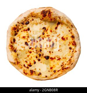 Isolierte, frisch gebackene Käse-Pizza Stockfoto