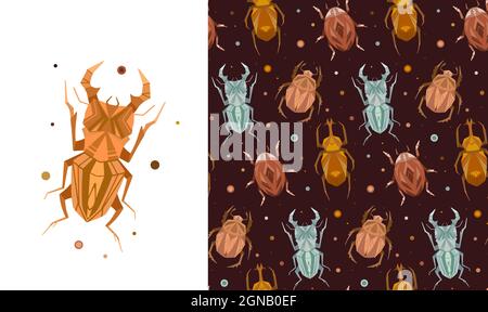 Set aus Karte und nahtlosem Muster mit geometrischen Insekten und Polka-Punkt auf braunem Hintergrund. Vektor stilvolle Textur und Poster mit Hirschkäfer, Wanzen, f Stock Vektor