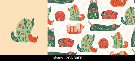 Set aus Karte und nahtlosem Muster mit stilisierten Hunden mit volkstümlichen Mustern und natürlichen Dekorationen. Vektor animalistisches Poster und Textur mit verschiedenen Welpen Stock Vektor