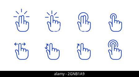 Touchscreen-Gesten. Tippen Sie auf, tippen Sie zweimal auf, blättern Sie, wischen Sie, und breiten Sie aus. Pixelgenaue, bearbeitbare Kontur Stock Vektor