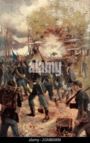 Die Schlacht von Antietam oder die Schlacht von Sharpsburg vor allem im Süden der Vereinigten Staaten, war eine Schlacht des amerikanischen Bürgerkrieges, der am 17. September 1862 zwischen dem konföderierten General Robert E. Lees Army of Northern Virginia und der Armee von Union General George B. McClellan des Potomac bei Sharpsburg ausgetragen wurde, Maryland und Antietam Creek. Als Teil der Maryland-Kampagne war es das erste Feldeinsatz auf Armeeebene im Eastern Theatre des amerikanischen Bürgerkriegs, das auf Unionsebene stattgefunden hat. Es war der blutigste Tag in der amerikanischen Geschichte, mit einer Summe von 22,717 Toten, Verwundeten oder fehlenden Farbartwors Stockfoto