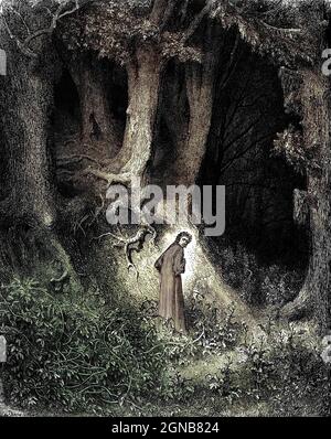 Maschinell kolorierte Iamge the Dark Forest [verlasst alle Hoffnung, die ihr hier eintretet] aus der Göttlichen Komödie des italienischen Dichters Dante Alighieri aus dem 14. Jahrhundert. 1860 Kunstwerk des französischen Künstlers Gustave Dore, gestochen von Stephane Pannemaker, aus 'The Vision of Hell' (1868), Carys englischer Übersetzung des Inferno. Dante schrieb zwischen 1308 und seinem Tod 1321 sein episches Gedicht „Divina Commedia“ (die Göttliche Komödie). Es besteht aus 14,233 Zeilen und ist in drei Teile (Inferno, Purgatorio und Paradiso) unterteilt und gilt als das größte literarische Werk in italienischer Sprache und als ein Meisterwerk der Welt. Es ist ein c Stockfoto
