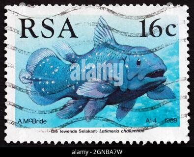 SÜDAFRIKA - UM 1989: Eine in Südafrika gedruckte Briefmarke zeigt African Coelacanth, Latimeria Chalumnae, Fish, Living Fossil, um 1989 Stockfoto