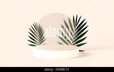 3d-Hintergrund mit Marmorsockel. Runder Rahmen aus mattiertem Glas mit Klempnerblättern. Kosmetikprodukte präsentieren. Stockfoto