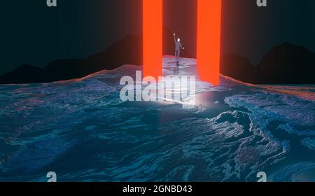 Geschäftsmann in der siegreichen, laufenden Position auf dem Berg mit zwei rot leuchtenden Säulen. Sci-Fi-Landschaft, Erfolg, Führungskonzept. 3D-Rendering Stockfoto