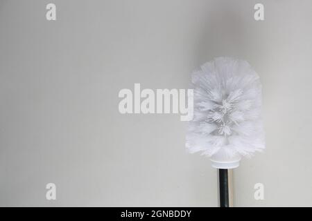 Toilettenbürste in weiß und silber auf weißer Oberfläche Stockfoto