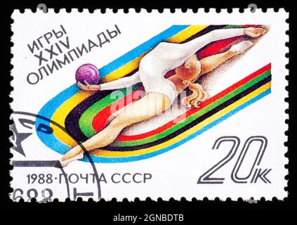 RUSSLAND, UdSSR - UM 1988: Eine Briefmarke aus der UdSSR, die XXIV. Spiele der Olympischen Spiele zeigt Stockfoto