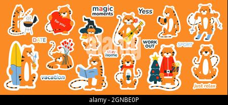 Aufkleber Set mit Cartoon Tigern. Neujahr 2022. Isolierte flache Illustrationen lächelnder Charaktere. Niedliche Clip Art für Planer Tagebuch Scrapbook Veranstalter Stock Vektor