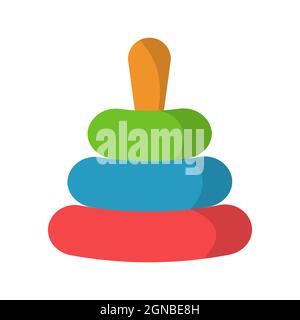 Ringe Pyramide Spielzeug. Einzelnes pädagogisches Kleinkind Spielzeug. Vektorgrafik flach. Kinderspielzeug isoliert auf weißem Hintergrund. Pyramidenspielzeug-Ikone, Regenbogen Stock Vektor